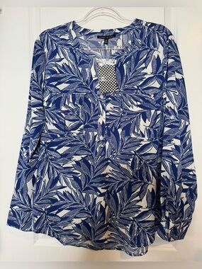 Como black White and Blue tropical Leaf-Print Long-Sleeve Blouse vacation sz xl